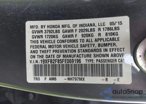2015 Honda Civic Ex from USA, damaged, VIN 19XFB2F85FE069196